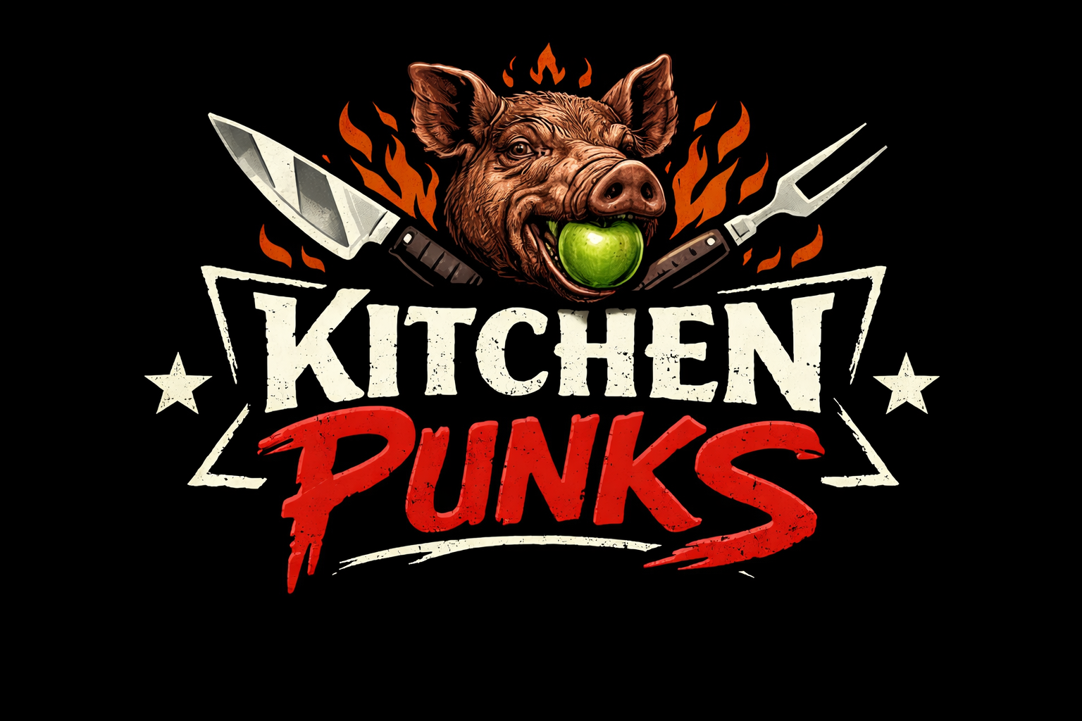 Kitchen Punks Logo — Schweinekopf mit Apfel im Maul, Messer und Gabel über Flammen